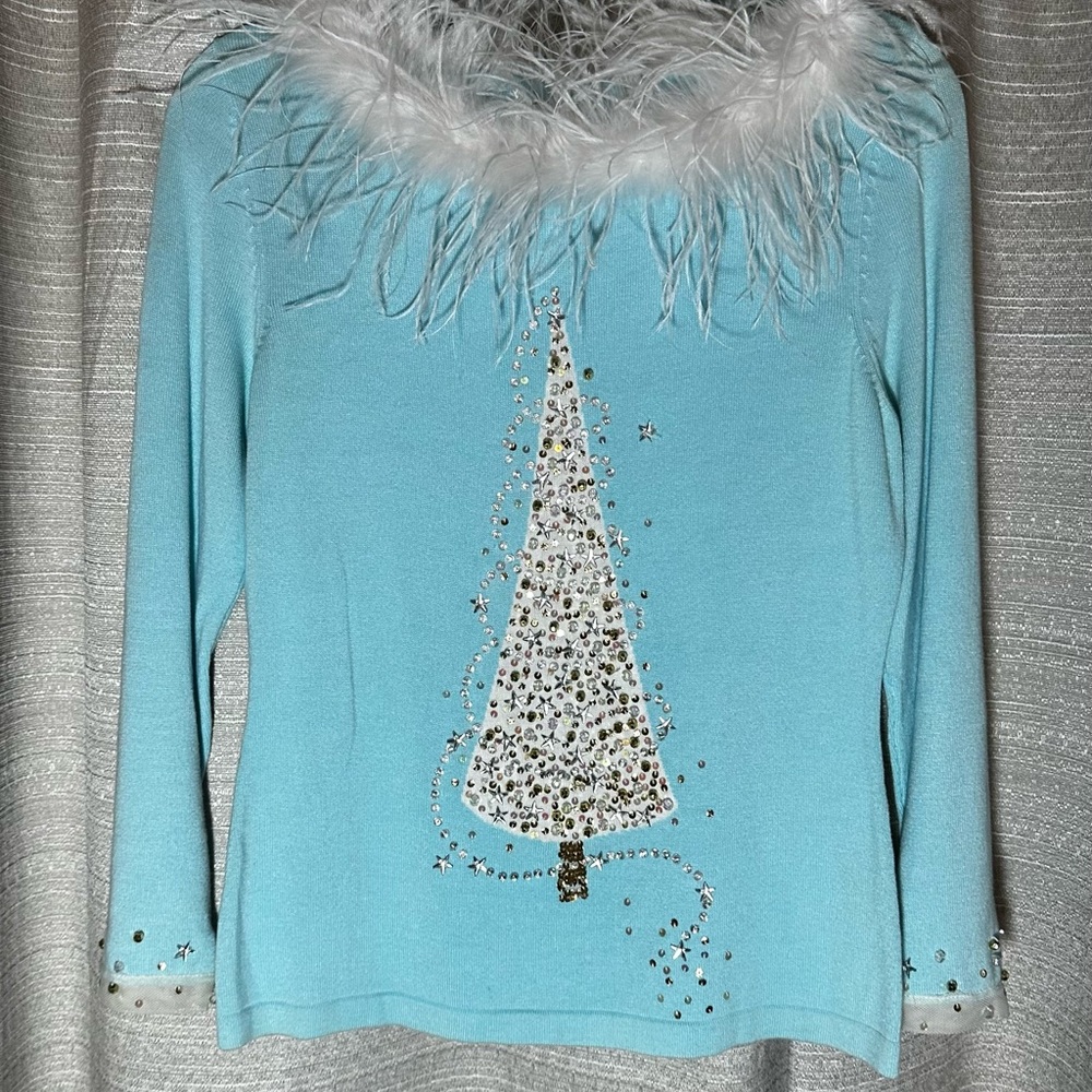 Elegant Light Blue Feather Trimmed Holiday Sweater